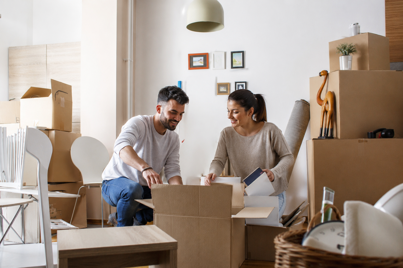 An international couple unpacking moving boxes and settling into their new home in Germany