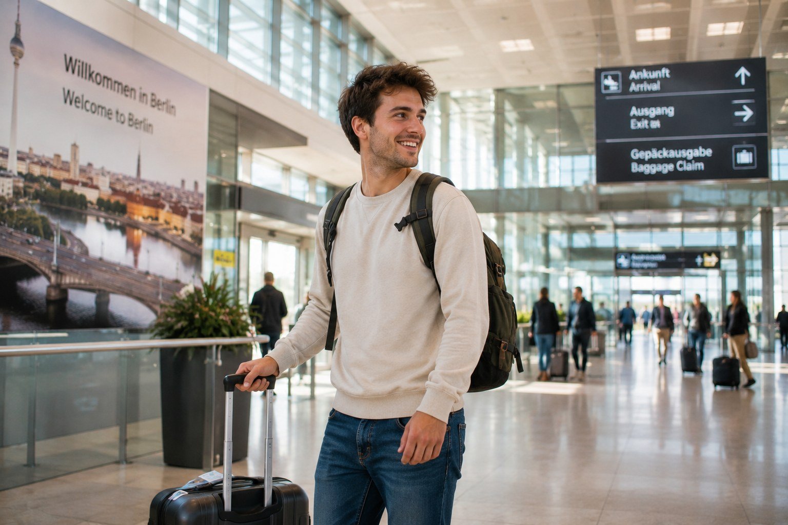 A traveler with luggage arriving at the airport in Berlin, Germany