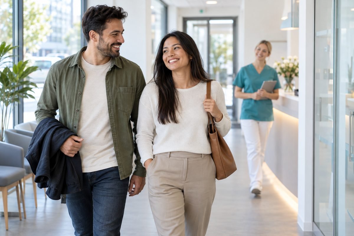 Couple walking through a modern medical practice for a preventive health check-up in Germany